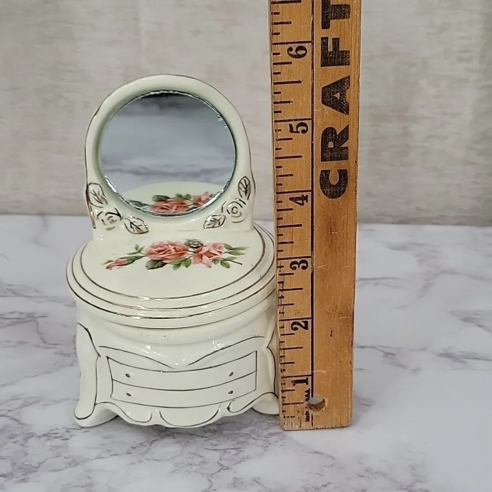 Jewelry Trinket Box Dresser Vanity with Mirror Vintage Floral Cream